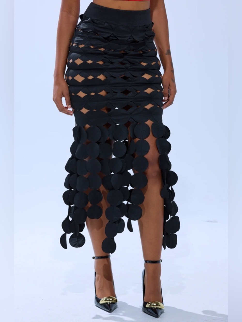 AKIRA Black Midi Skirt with Circular Fringe Panels